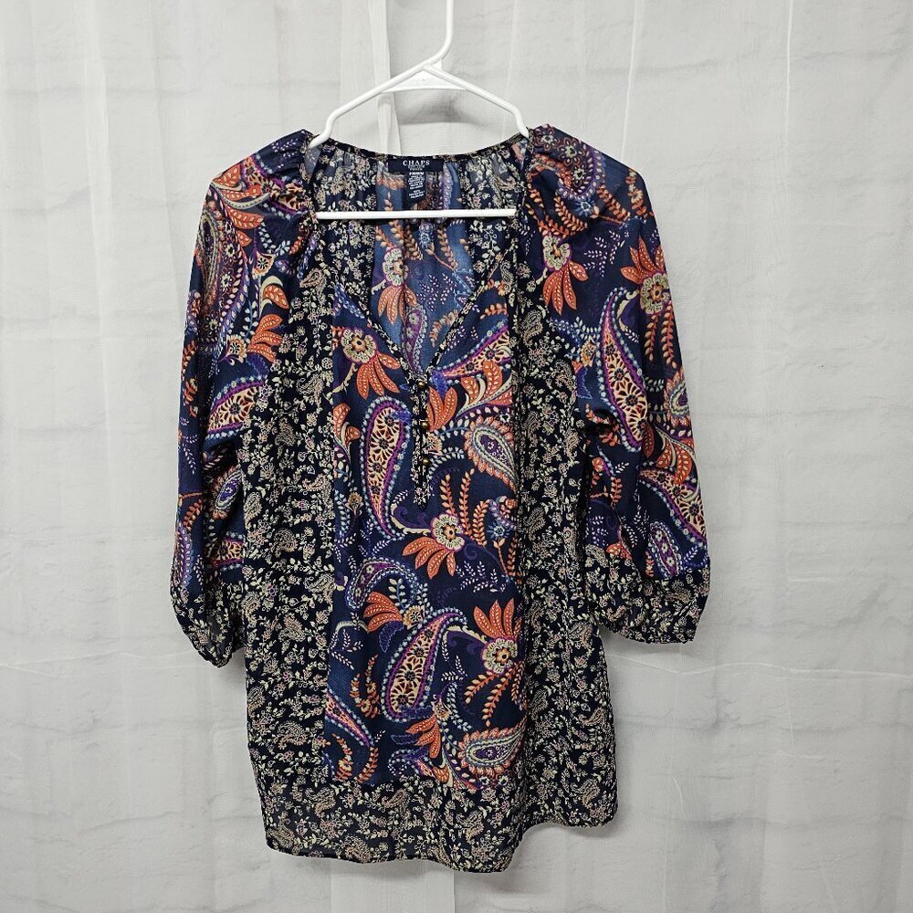 Chaps Blouse Blue Paisley Boho Cottage Peasant Casual Festival PM - Picture 9 of 12